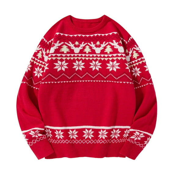 Warm Christmas Sweater for Men Casual Long Sleeve Pullover Tops Vintage Crewneck Knitted Sweaters Red M