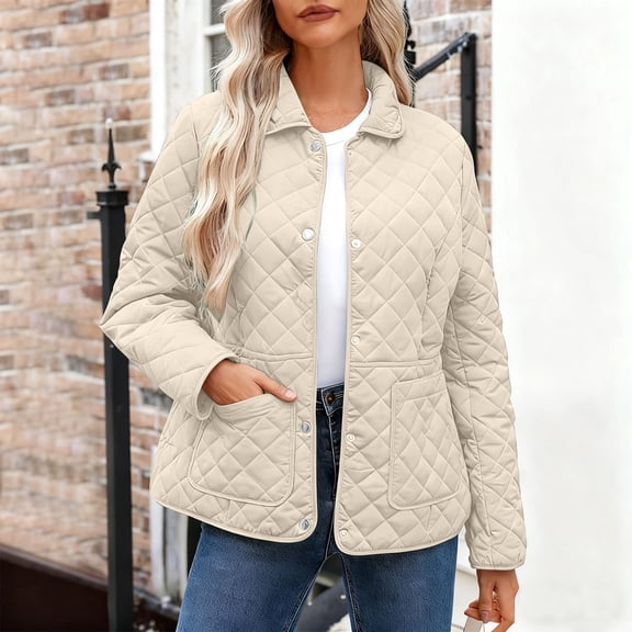 Warm Color Block Women's Outerwear - Loose Fit Round Neck Long Sleeve, Stylish Cotton Casual Jacket for Commute & Leisure Beige S