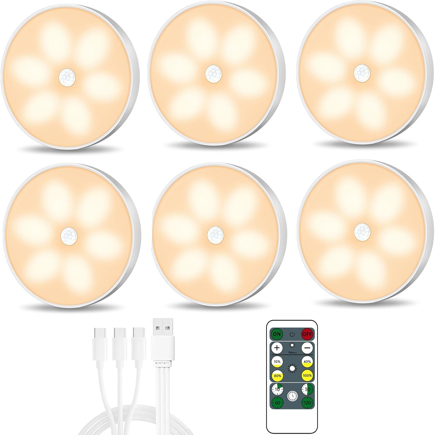 Warm Color LED Closet Lights Motion Sensor Puck Light, USB Recharable ...