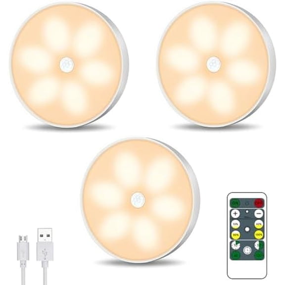 Warm Color LED Closet Lights Motion Sensor Step Light, USB Rechargeable Battery Operated Puck Lights, Dimmable Under Cabinet Counter Lighting for Wardrobe Kitchen (3 Pack)