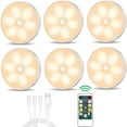 thumbnail image 1 of Warm Color LED Closet Lights Wireless Motion Sensor Puck Light, USB Rechargeable Battery Operated Puck Lights with Remote, Dimmable Under Cabinet Counter Lighting for Wardrobe Kitchen (6 Pack), 1 of 9