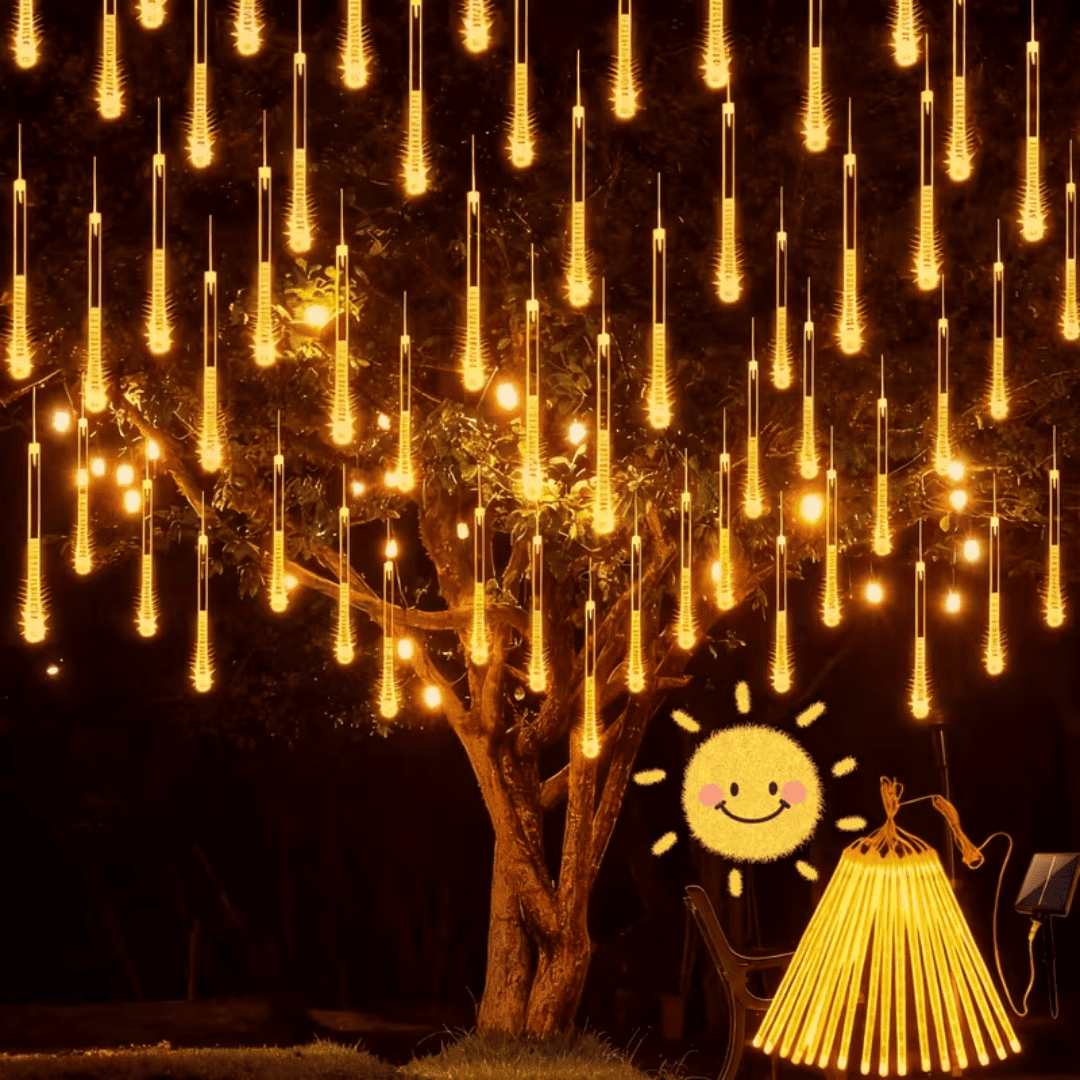 Warm Colored Solar Meteor Shower Light Outdoor, Waterproof Christmas Light Solar Powered 10 Tube 360 Led Icicle String Light, Snowflake Waterfall Raindrop Light For Christmas Tree