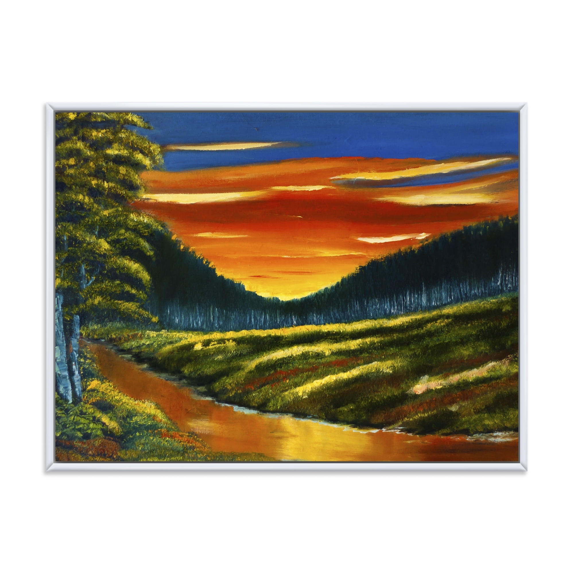 Warm Colored Sunset Glow Above The Lotus Swamp 32 in x 16 in Framed Painting Canvas Art Print, by Designart
