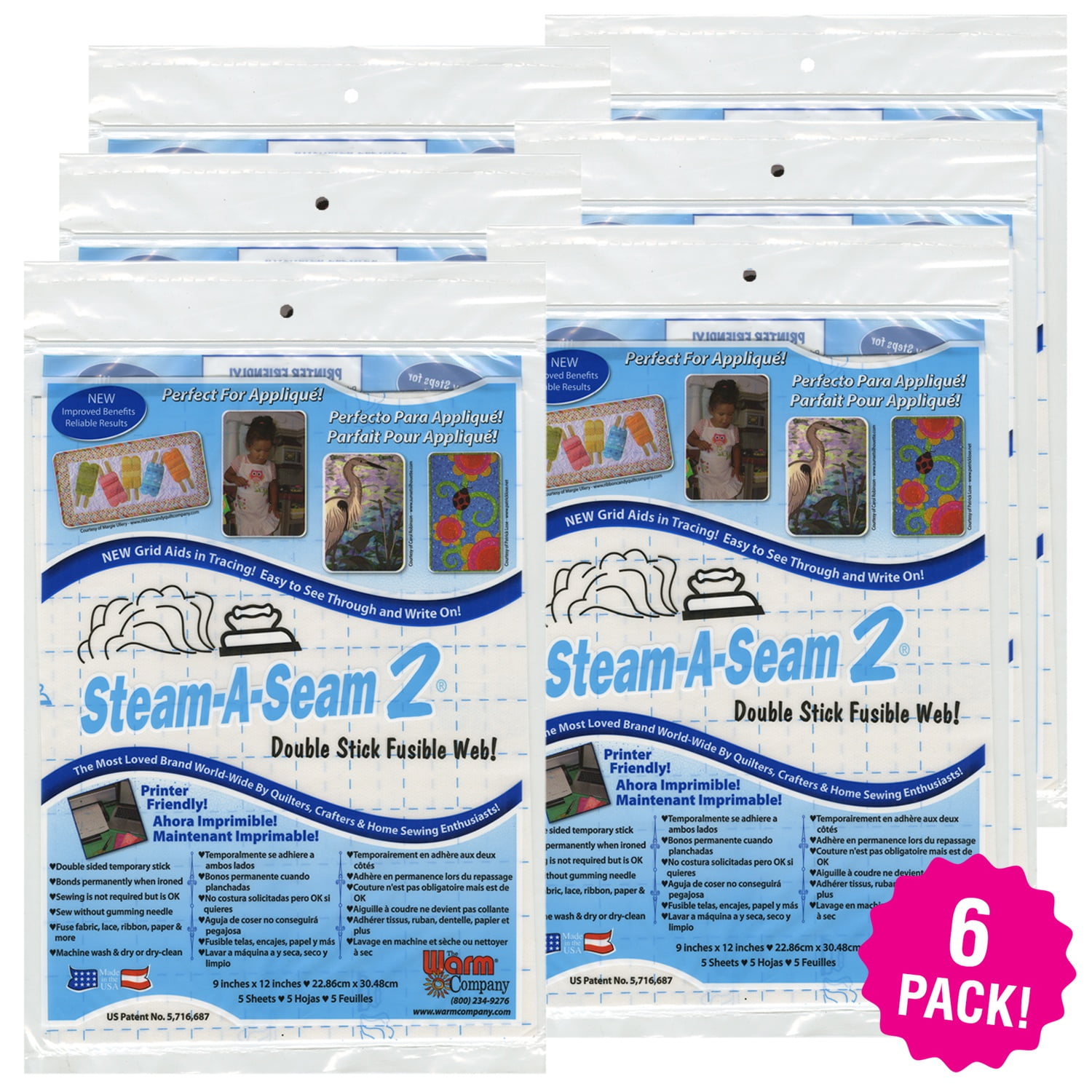 Warm Company Steam-A-Seam 2 Double Stick Fusible Web 5 count, Multipack of 6