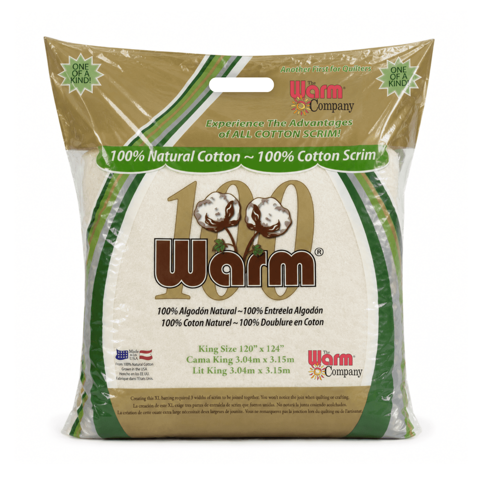 Warm 100 Cotton Batting King Size 120” x 124" Precut