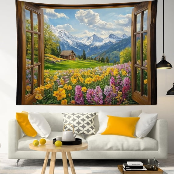 Warm Cottagecore Floral Tapestry, Vintage Window Wildflower Snow Mountain Log Cabin Landscape Wall Hanging for Rustic Log Cottage & Teen Mountain Dorm