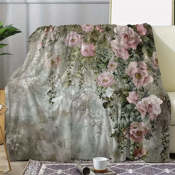 [Warm Cozy Flannel Blanket Design] Cozy Flannel Throw Blanket with Vintage Floral & Vine Design - Soft, Warm, and Versatile for Couch, Bed, Car, Office, Camping, and Travel - Perfect All-Season Gift