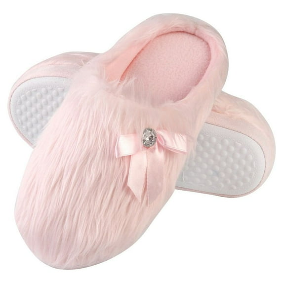 Warm Cozy Memory Foam Slippers Slip On House Slipper Shoes for Women with Pink Fringe