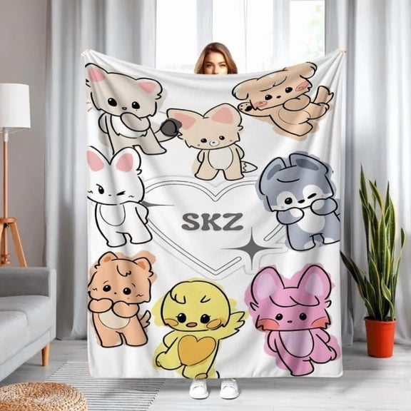 Warm Cozy SKZ Cartoon Character Flannel Blanket Soft Polyester All-Season Throw Sofa Bed Car Office Air-Conditioned Rooms Bed Warmer Durable Labor Day Halloween Christmas Birthday Gift