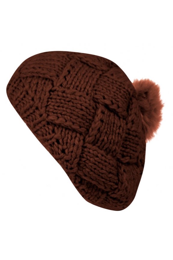 Warm Cross Rib Knit Crochet Beret with Pom Pom