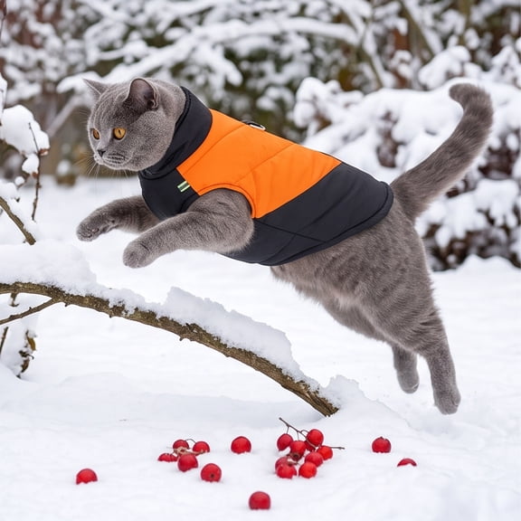 Warm Dog and Cat Winter Coat, Thick Padded Cold-Weather Pet Jacket for Small and Medium Dogs and Cats, Outdoor Walking Apparel for Fall and Winter, Orange, Size M, Dog, Cat