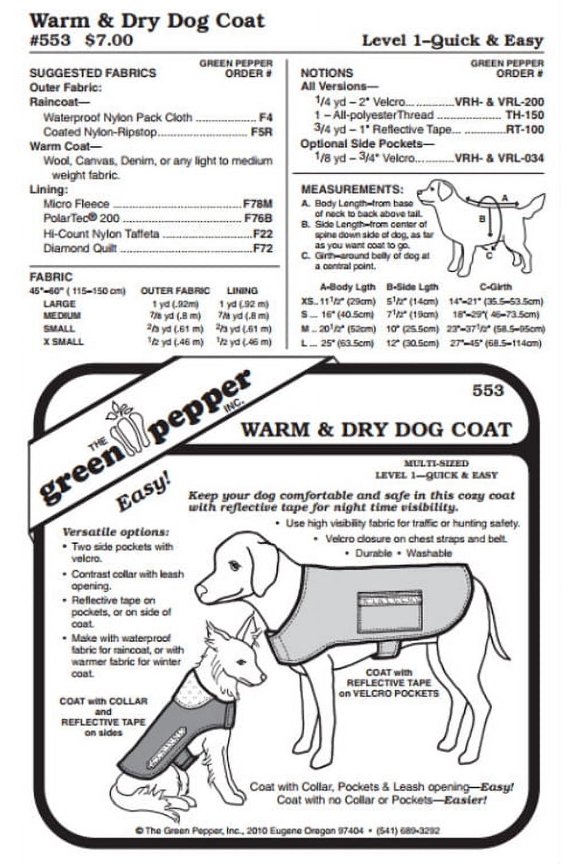 Warm & Dry Dog Coat Rain Gear #553 Sewing Pattern (Pattern Only)