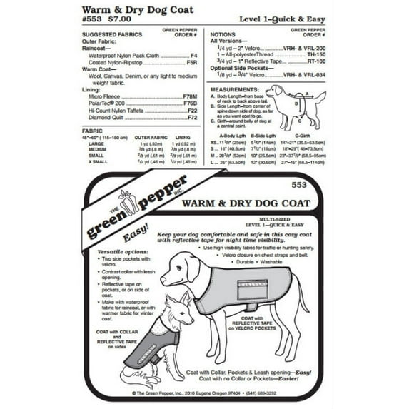 Warm & Dry Dog Coat Rain Gear #553 Sewing Pattern (Pattern Only)