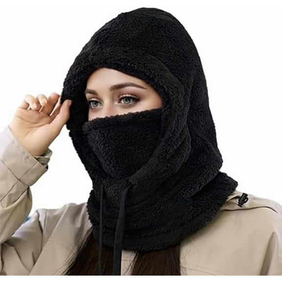Warm Ear Protection 3-in-1 Hooded Neck Gaiter, Windproof Warm Drawstring Face Cover Hat(Black)
