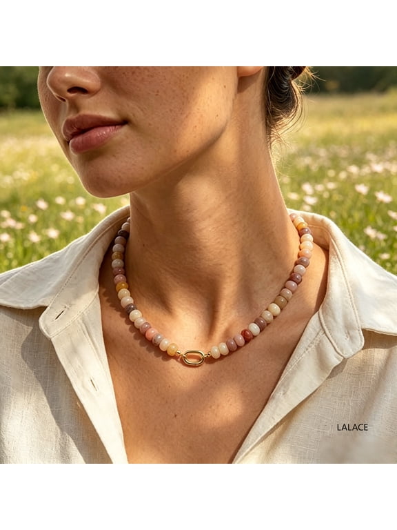 Warm Earth Tone Mixed Natural Stone Beaded Necklace for Women, Pastel Pink & Brown Rondelle Bead Strand with Gold Paperclip Link, Modern Boho Layering Jewelry
