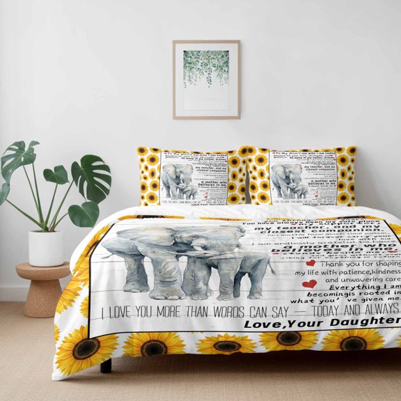 Warm Elephant Family California King Size Bed Set,Watercolor Farm Sunflowers Bedding for All Seasons,4 Pcs Bed Set with 1 Quiltcover (96"x104"),1 Sheet (110"x98"),2 Pillowcases (20"x36")