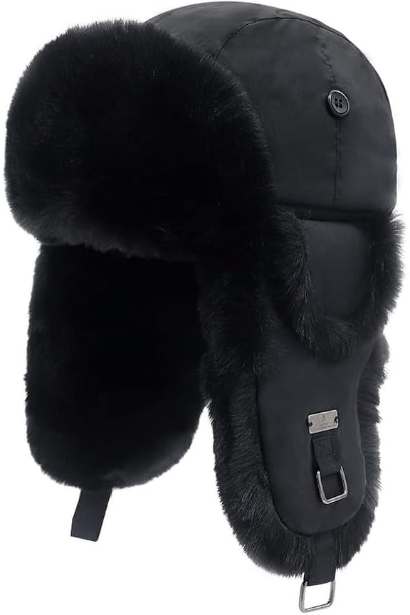 Warm Faux Fur Aviator Hat, Russian Trooper Hunting Ski Hat with Ear Flaps for Men & Women Black