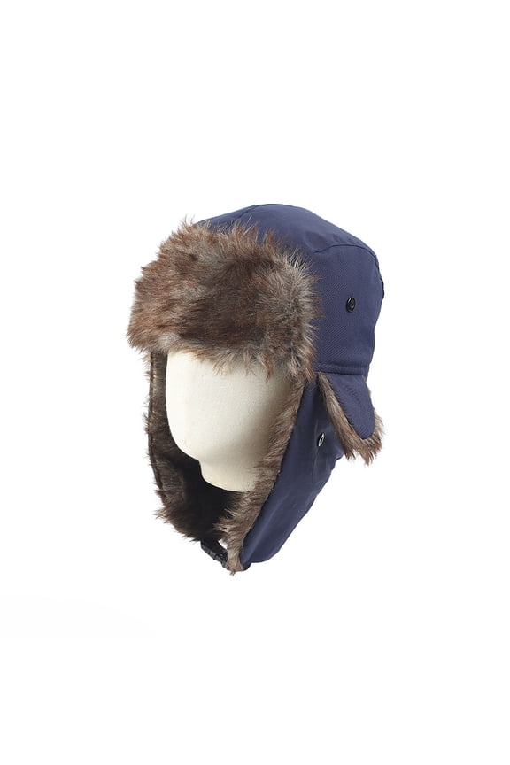 Warm Faux Fur Aviator Hat, Russian Trooper Hunting Ski Hat with Ear Flaps for Men & Women Navy blue