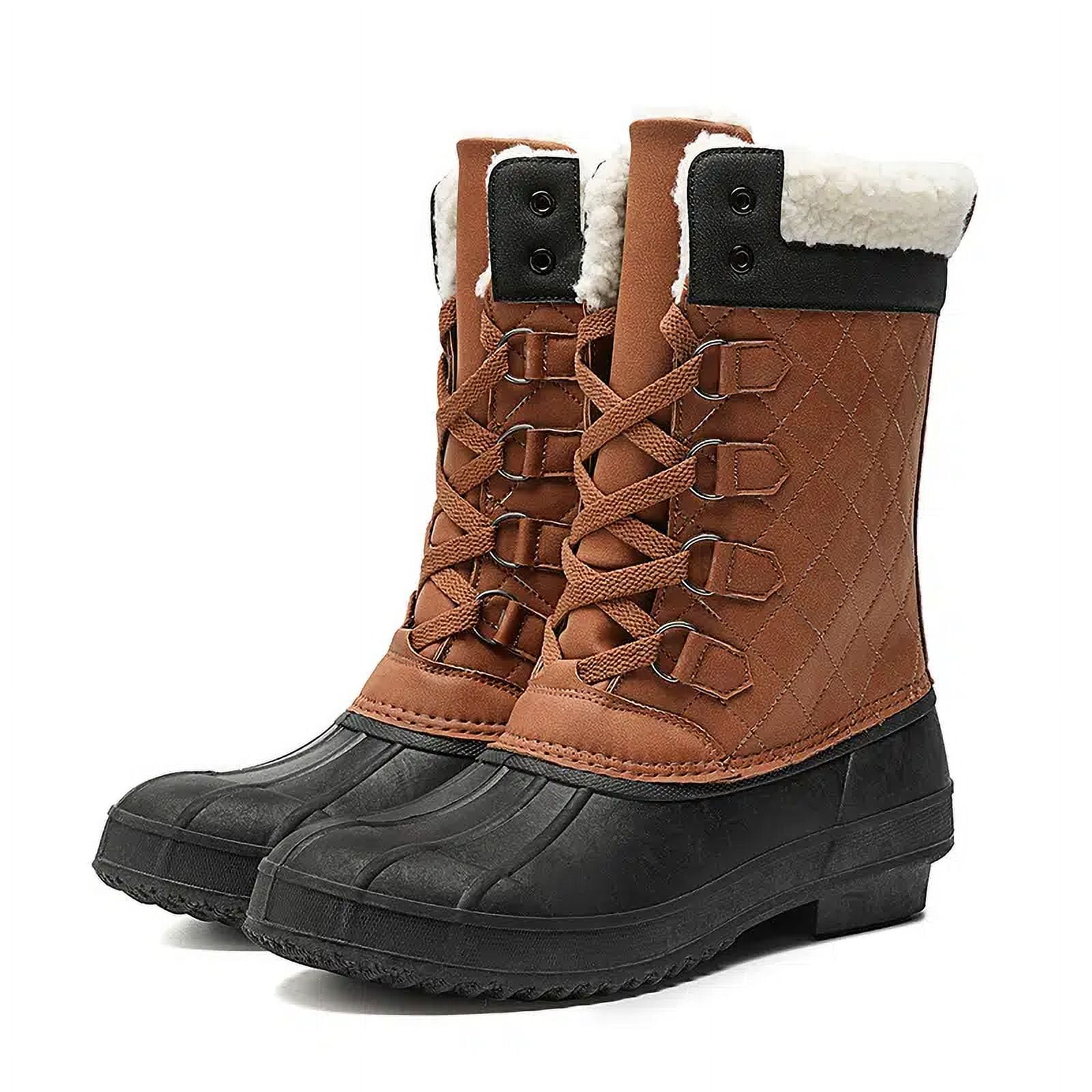 Warm Faux Fur Lined Lace Up Duck Shoes Argyle Pattern Waterproof Calf Boots Women s Footwear
