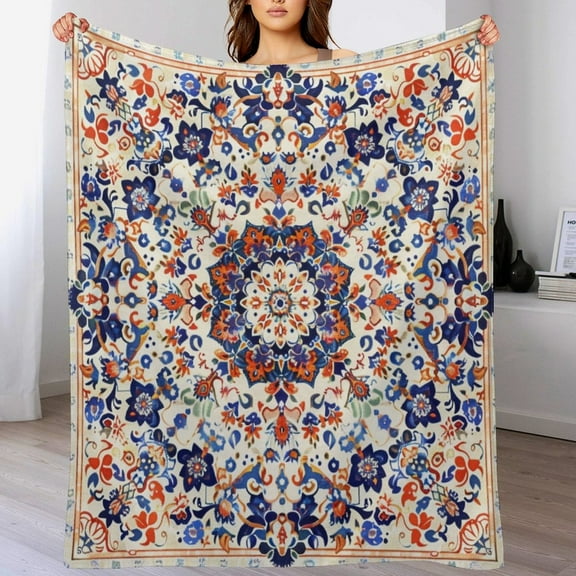 Warm Flannel Blanket Colorful Mandalas Pattern In Blue And Orange Winter Plush Fuzzy Warm Bed Blanket for Couch Bed Sofa Abstract Mandala Flowers Throw Blanket for Women Men 50"x60"