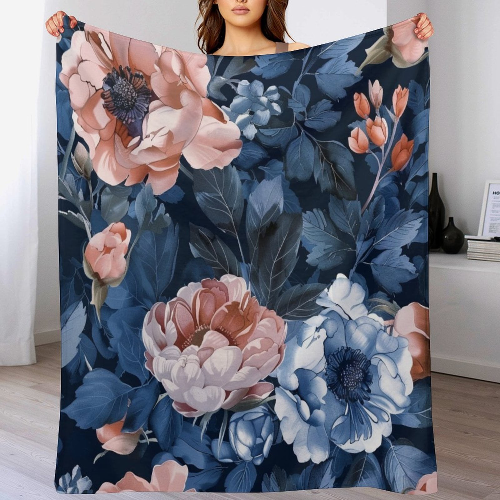 Warm Flannel Blanket Navy Blue Blush Pink Floral Throw Blanket