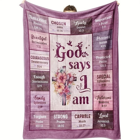 A Warm Fleece Blanket with a Religious Theme, Featuring Inspirational Bible Verses And Floral Decorations, Comfortable And Soft for Home Use, Combining Both Decorative And Practical Qualities.