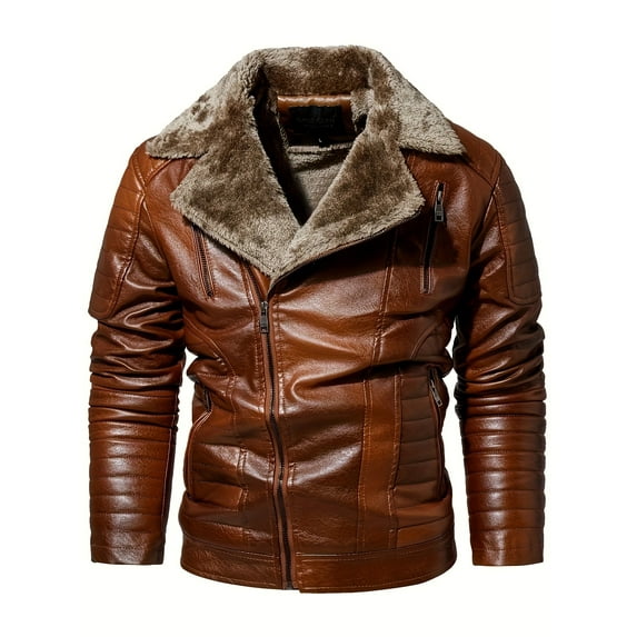 Warm Fleece Classic Design PU Bomber Jacket, Men's Casual Zip Up Lapel Faux Leather Jacket For Fall Winter