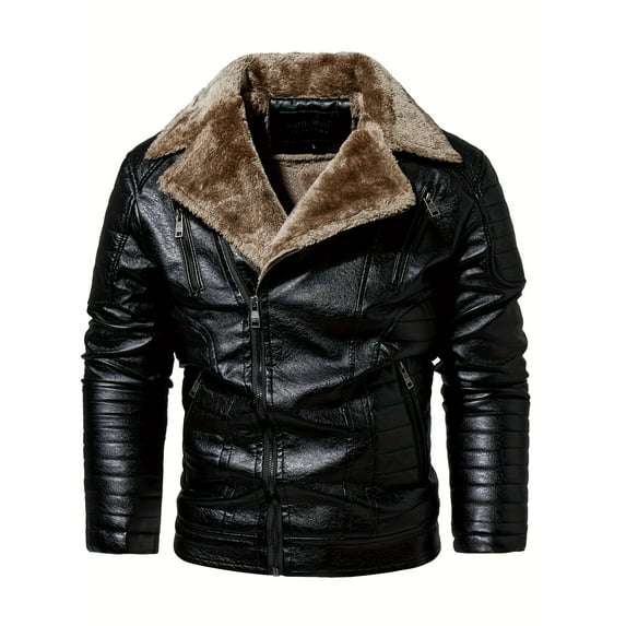 Warm Fleece Classic Design PU Bomber Jacket, Men's Casual Zip Up Lapel Faux Leather Jacket For Fall Winter
