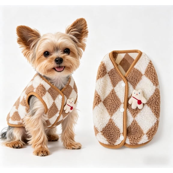 Warm Fleece Dog Clothes, Plaid Flannel Dog Winter Jacket for Small Medium Dogs & Cats, Cute Bear Applique,Brown S