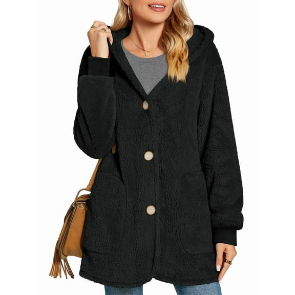 Warm Fleece Jackets for Women, Fuzzy Hooded Casual Coats Cardigan Sweaters Outerwear with Pockets Black L