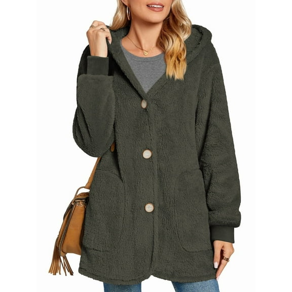 Warm Fleece Jackets for Women, Fuzzy Hooded Casual Coats Cardigan Sweaters Outerwear with Pockets Gray XL