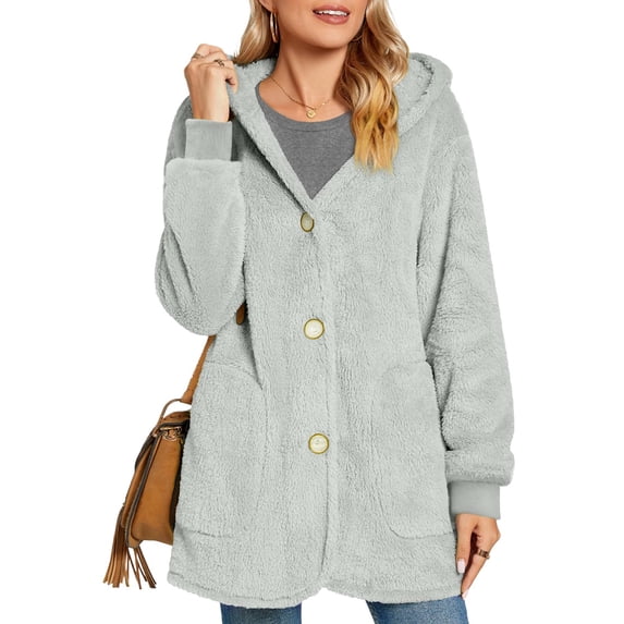 Warm Fleece Jackets for Women, Fuzzy Hooded Casual Coats Cardigan Sweaters Outerwear with Pockets Light Gray M