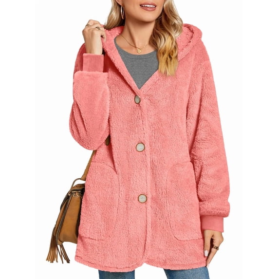 Warm Fleece Jackets for Women, Fuzzy Hooded Casual Coats Cardigan Sweaters Outerwear with Pockets Pink XL