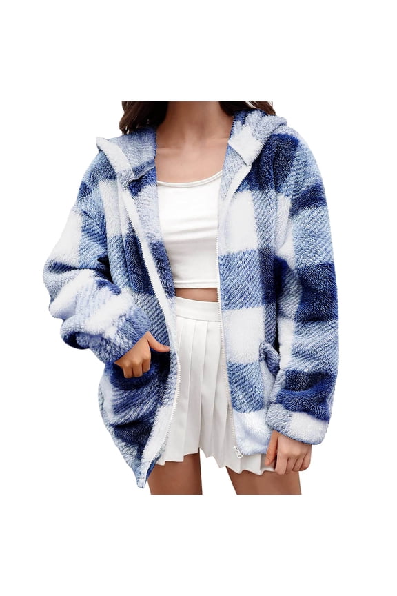 Warm Fleece Jackets for Women, Fuzzy Hooded Casual Coats Lidies 2024 Cardigan Sweaters Outerwear with Pockets Clearance On Sale Blue S