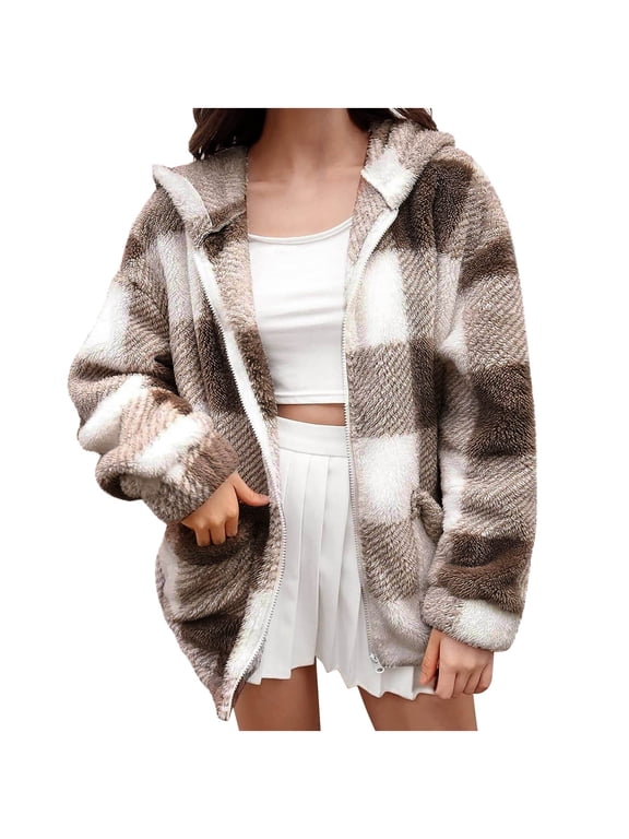 Warm Fleece Jackets for Women, Fuzzy Hooded Casual Coats Lidies 2024 Cardigan Sweaters Outerwear with Pockets Clearance On Sale Coffee XXXL