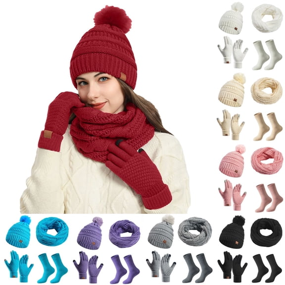 Warm Knit Winter Hat Scarf Glove Set for Women Winter Christmas Socks Bundle Unisex Adult 4 Piece Sets #01 Grey