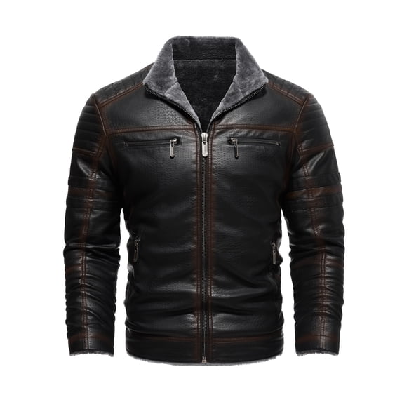 Warm Fleece PU Jacket, Men's Casual Zipper Pockets Stand Collor Faux Leather Jacket For Fall Winter