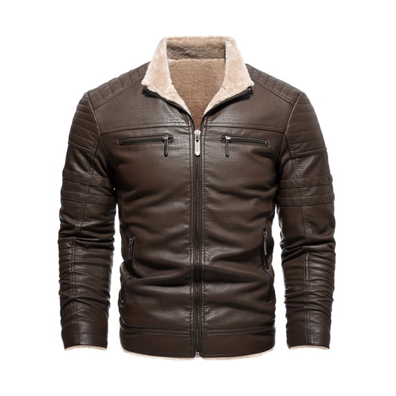 Warm Fleece PU Jacket, Men's Casual Zipper Pockets Stand Collor Faux Leather Jacket For Fall Winter