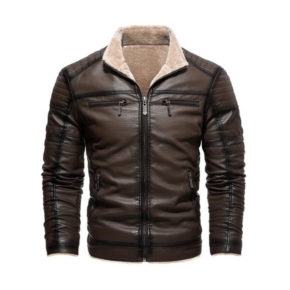 Warm Fleece PU Jacket, Men's Casual Zipper Pockets Stand Collor Faux Leather Jacket For Fall Winter