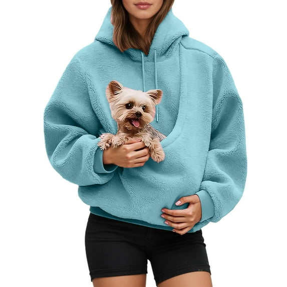 Warm Fleece Pet Carrier Hoodies Kangaroo Pocket Cat Dog Pouch Hooded Sweatshirts Women Solid Long Sleeve Animal Holder Pullover Tops
