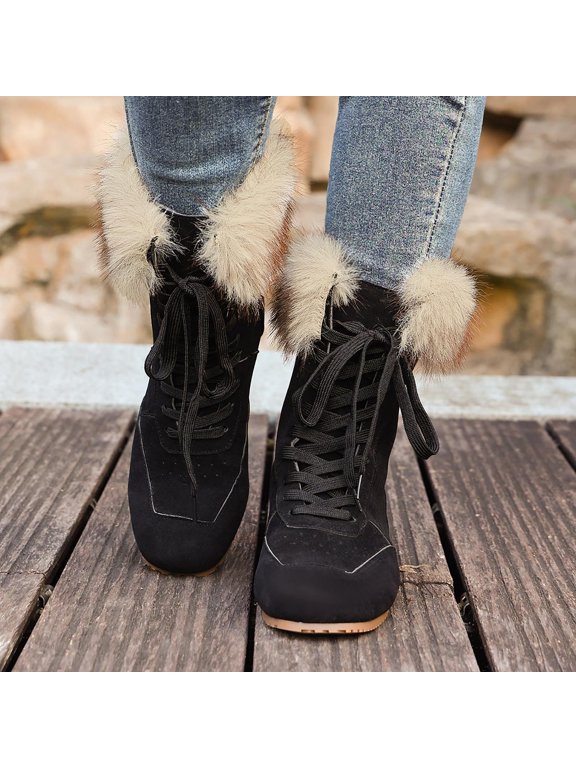 Warm Fleece Trim Flat Snow Boots for Women, Lace‑Up Suede Winter Booties for Daily Commute, Outdoor Walking