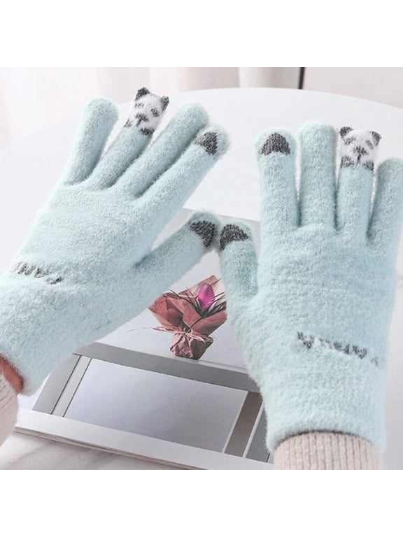 Warm Fleece Winter Gloves, Cute Panda Print Touchscreen Thermal Gloves for Boys Girls, Windproof Texting Gloves for Outdoor Cycling Commute, Blue,One Pair