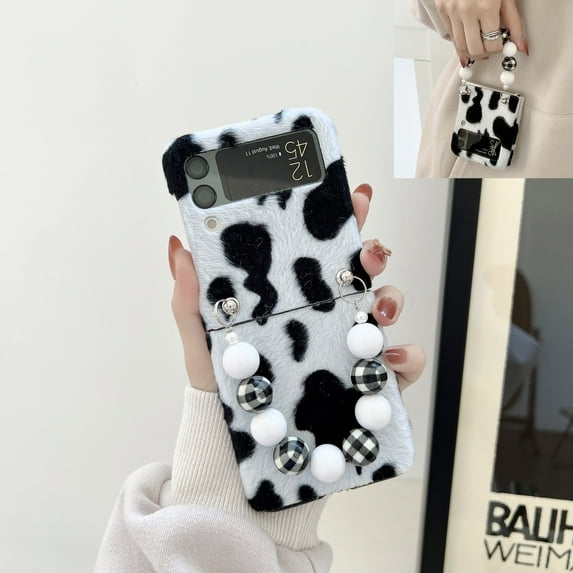 Warm Fluffy Case for Samsung Galaxy Z Flip 3, Slim Plush Cute Cow Pattern Stylish Cold Weather Autumn Winter Phone Case with Beaded Chain Wrist Strap Women Girls Folding Cover,Black+White+Chain