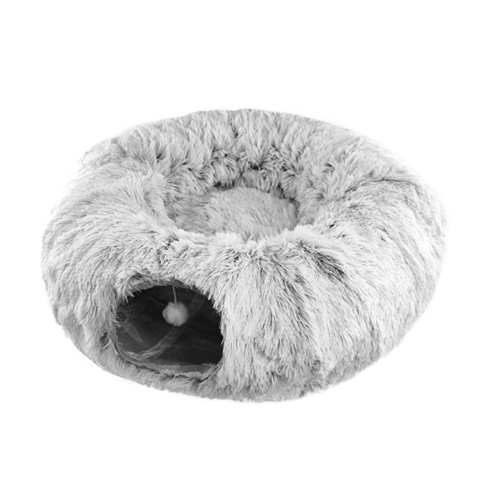 Warm Fluffy Plush Cat Dog Tunnel Bed with Washable Cushion-Big Tube Playground Toys Longer Crinkle Collapsible 3 Way, for Indoor Cat Kitten Puppy Rabbit Grey