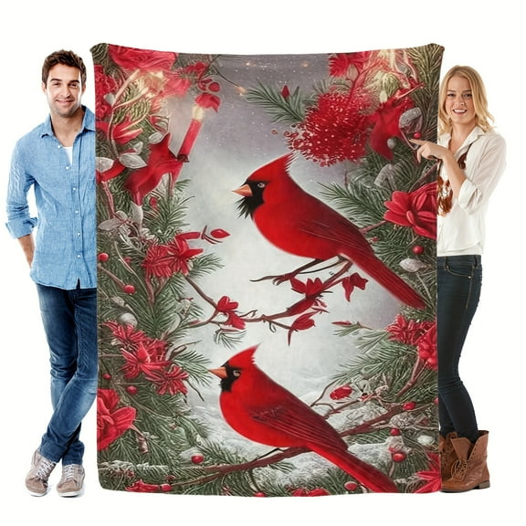Warm Gift Charming Cardinal Birds Print Flannel Blanket Soft Warm Cozy Skin-friendly Blanket For Sofa Bed Car Camping Office Home Decor Gift Blanket For All Seasons-Knit Fabric