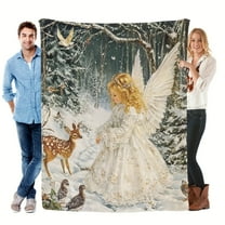 Warm Gift-Little Angel And Animals In A Snowy Forest Print Flannel Blanket Soft Warm Cozy Blanket For Sofa Bed Car Camping Office Home Decor Gift Blanket For All Seasons
