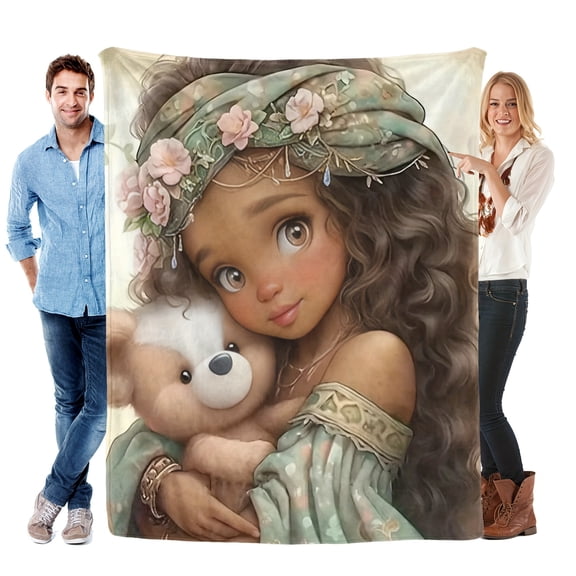 Warm Gift Little Girl Hugging Bear Cute Fun Print Flannel Blanket Soft Warm Cozy Skin-friendly Blanket For Sofa Bed Car Camping Office Home Decor Gift Blanket For All Seasons-Knit Fabric