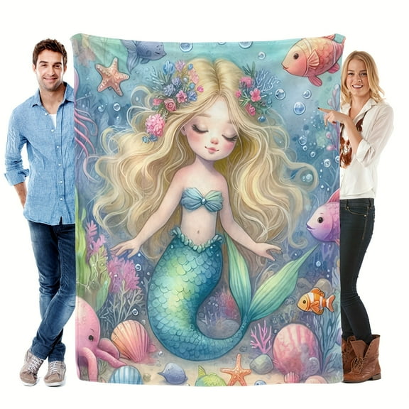 Warm Gift Pretty Sea Mermaid Princess Cute Fun Print Flannel Blanket Soft Warm Cozy Skin-friendly Blanket For Sofa Bed Car Camping Office Home Decor Gift Blanket For All Seasons-Knit Fabric