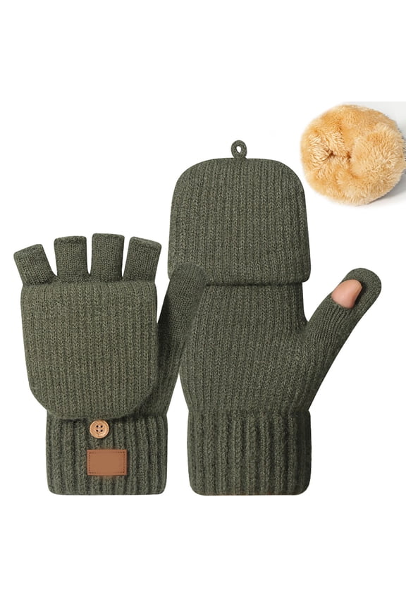 Warm Gloves Fall Half Finger Knitted Gloves Thickened Lined Warm Winter Mittens Army Green One Size