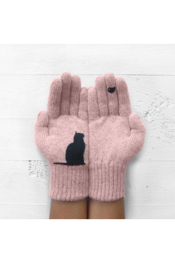 Warm Gloves Fall Thickened Warm Cat Print Woolen Outdoor Gloves Snow Mittens Pink One Size